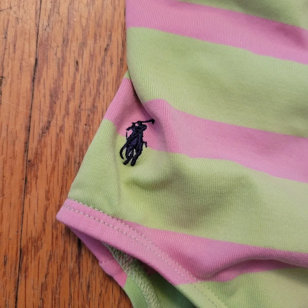 Vintage Ralph Lauren Sport 10 Swimsuit Pink Green Stripe Pony Logo USA Beach